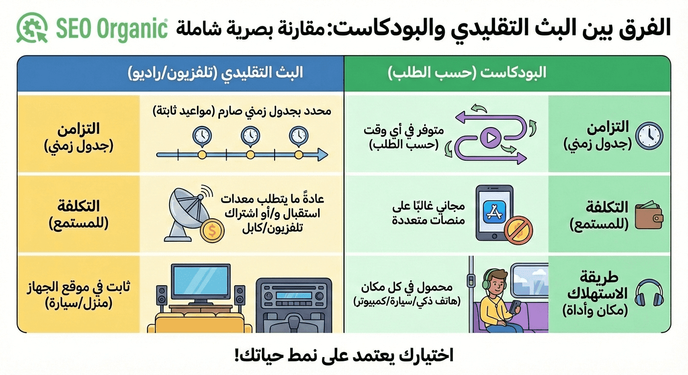 الفارق بين البودكاست والبث التقليدي